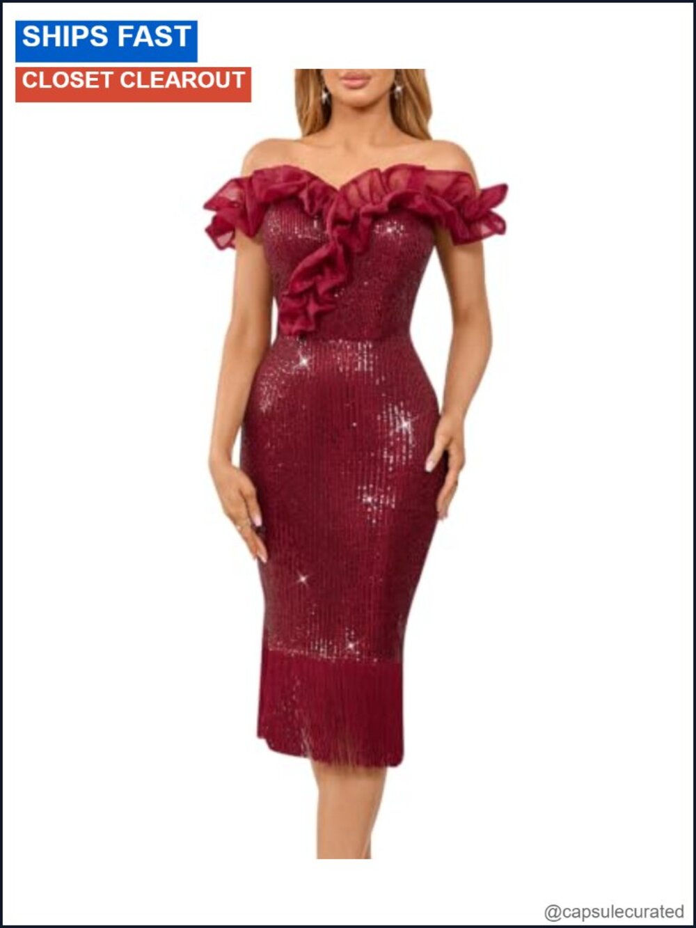 Sequin Off Shoulder Ruffle Bodycon Midi Cocktail Party Dress